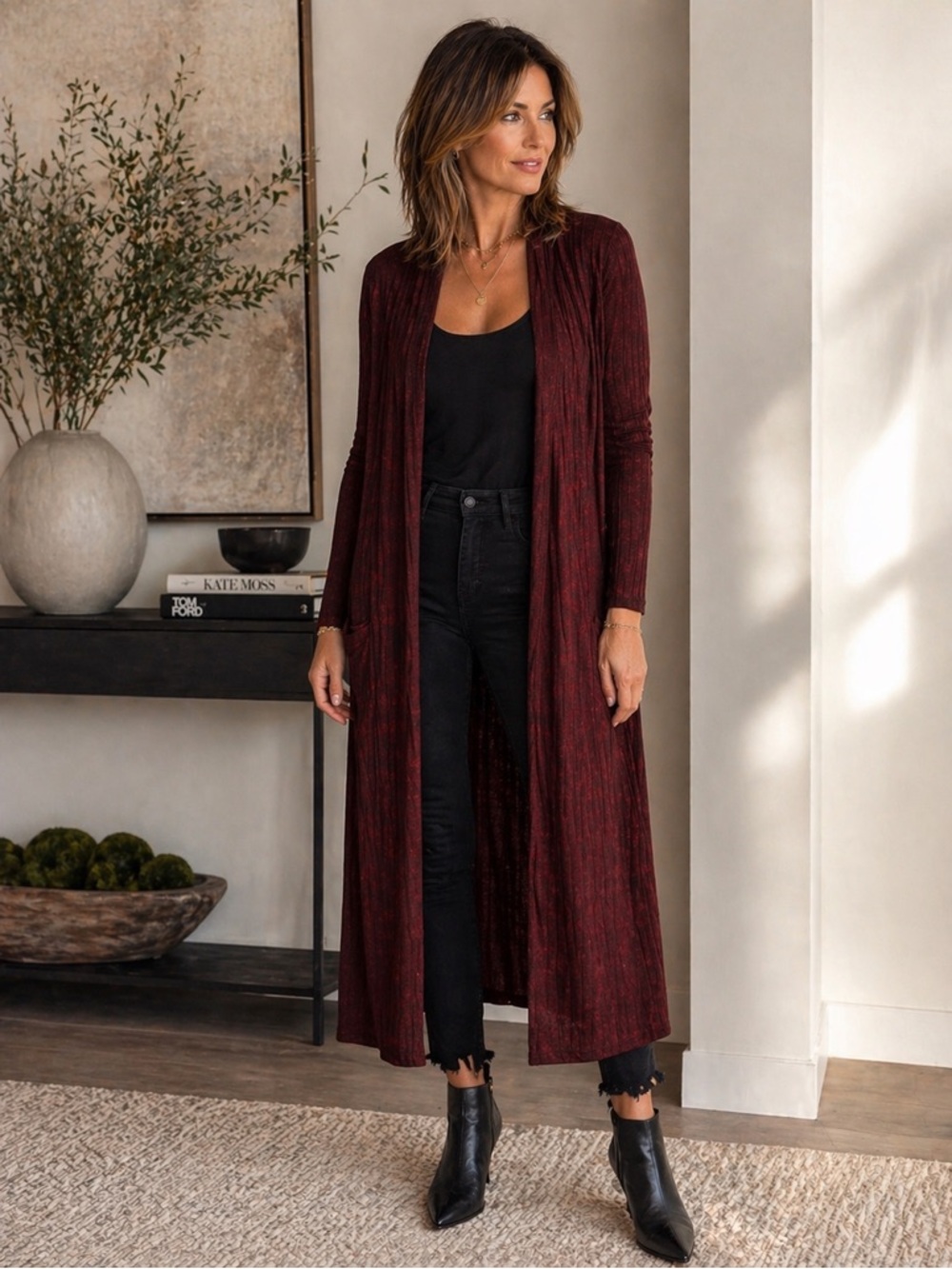 Lisa Rinna Collection Burgundy Longline Ribbed Open Front Size S Duster Cardigan